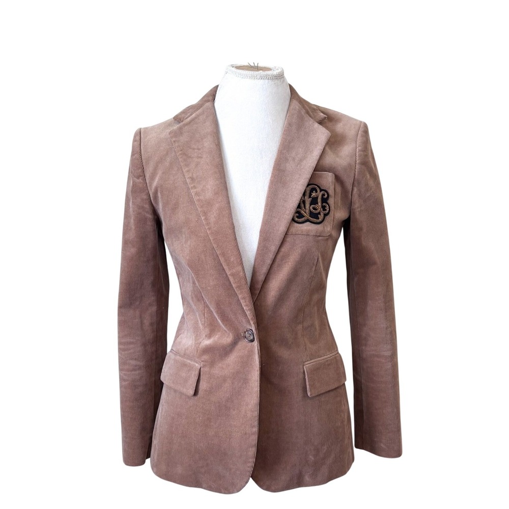 Lauren Ralph Lauren Womens Camel Corduroy Crest Blazer Jacket 2 Preppy Academia
